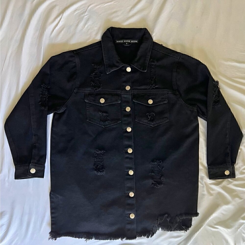 Hyfve Distressed Button Front Denim Jacket Women's Size S Black Raw Hem